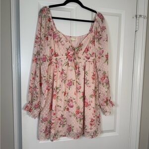 Floral Tie-Front Long Sleeve Dress in Light Pink - Unbranded